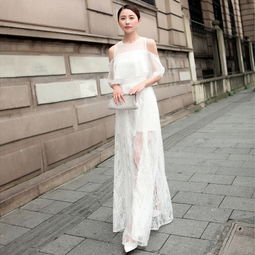 欧美夏女装明星倪妮同款露肩荷叶袖蕾丝长裙堆糖,美好生活研究所