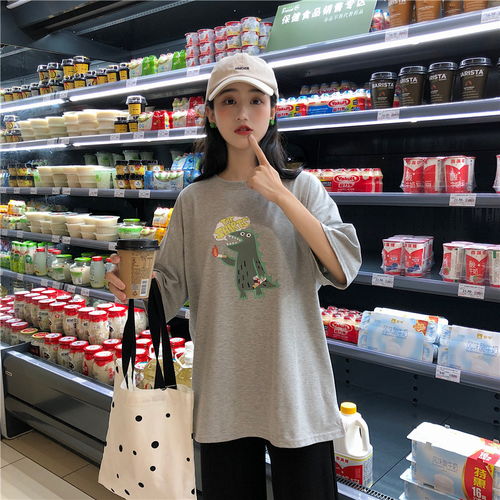 韩版新款宽松bf港风慵懒风少女上衣简约ulzzang学生ins潮短袖amm福卡商城