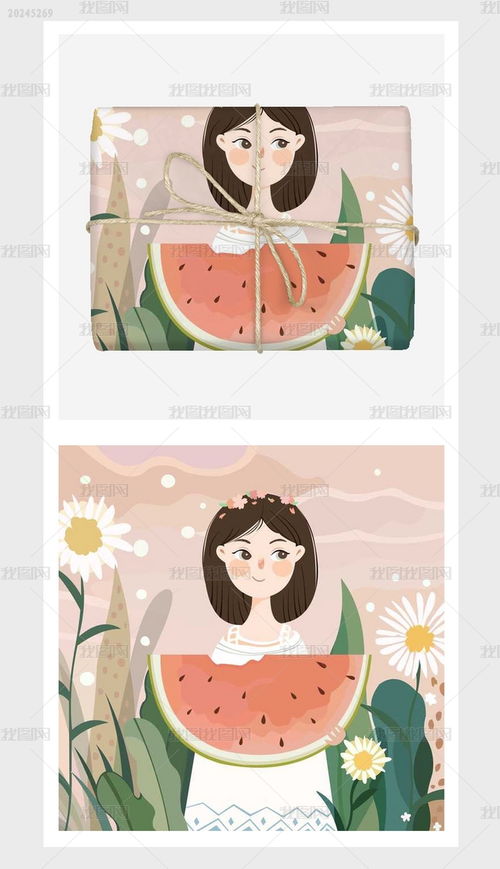 粉色手绘卡通小清新女孩风景插画我图网