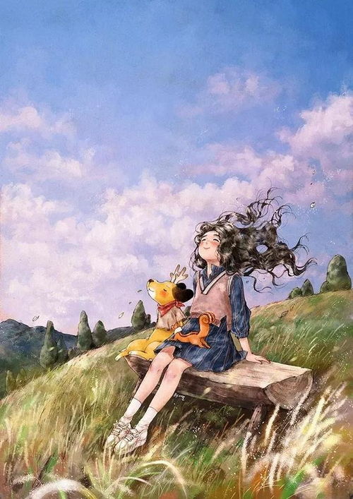 手绘插画森林女孩儿和她的小动物