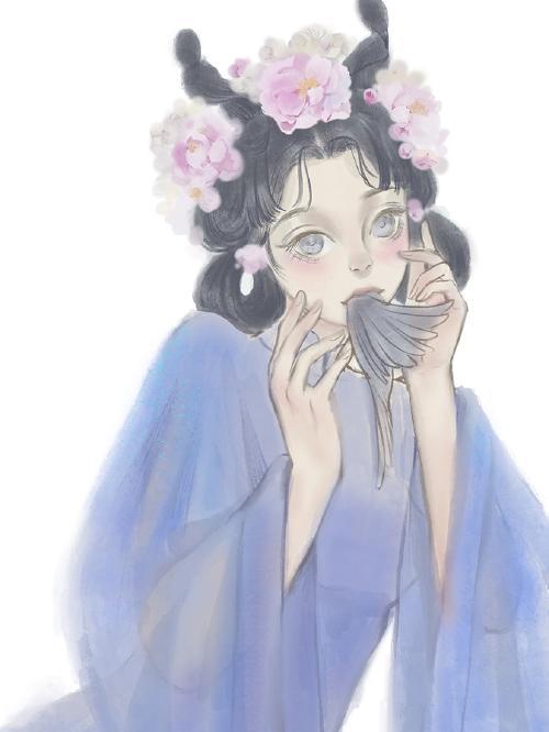 古风插画含着羽毛的古风女子