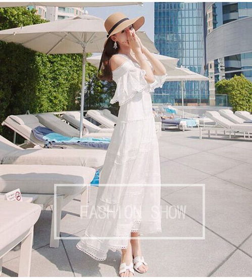 长裙女夏韩版显瘦超仙气白色露肩一字肩吊带连衣裙沙滩裙海边度