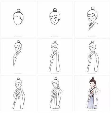 古风简笔画穿汉服的q版人物简笔画,必备手账素材,附步骤