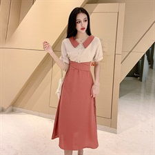 实拍1043复古气质拼色设计感绑带翻领连衣裙法式少女超仙中长裙