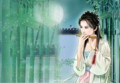 绿衣古代女子吹笛子适合小说封封面的图片