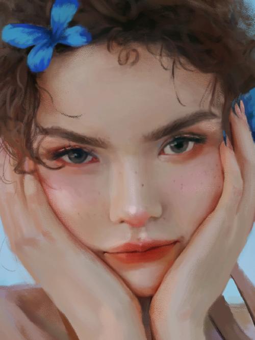 人像插画捧着脸的可爱少女