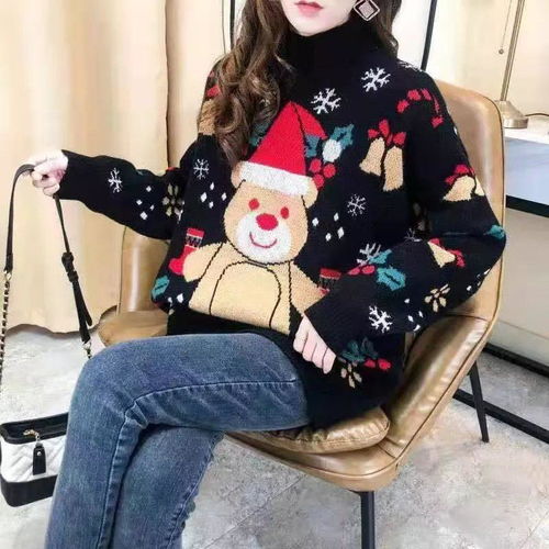 圣诞喜庆红色小熊毛衣女秋冬慵懒高领针织打底衫宽松百搭外穿上衣