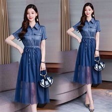 891牛仔连衣裙2019新款夏仙女超仙气质甜美收腰短袖网纱裙子
