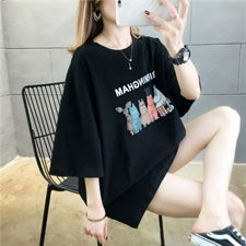 夏季新款韩版棉质宽松印花卡通大码女装中长款短袖t恤女