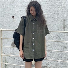夏季女装百搭明线工装bf风翻领衬衣纯色口袋半身裙女