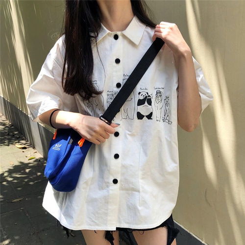 新款鬼马少女卡通印花短袖衬衫女学生夏韩版宽松学院风衬衣上衣女