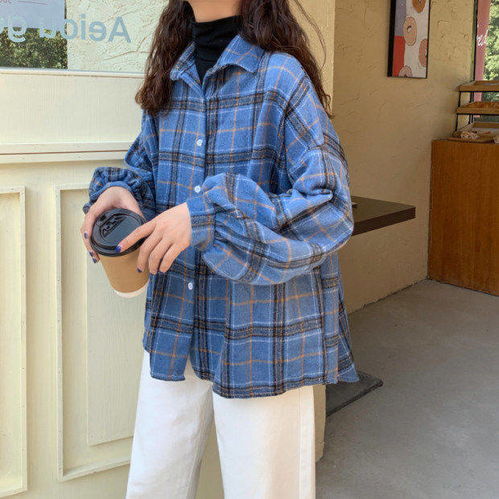 春季原宿蝙蝠袖衬衫女bf风中长款宽松韩版毛呢格子衬衣开衫外套潮