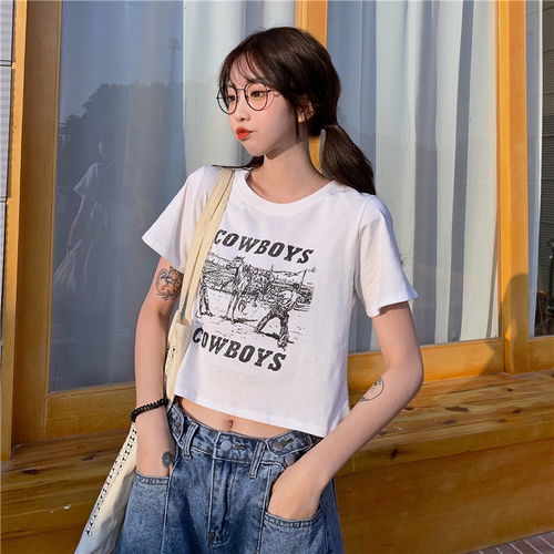 施悦名复古印花短款短袖t恤女2021夏装新款韩版设计感少女修身学生上衣