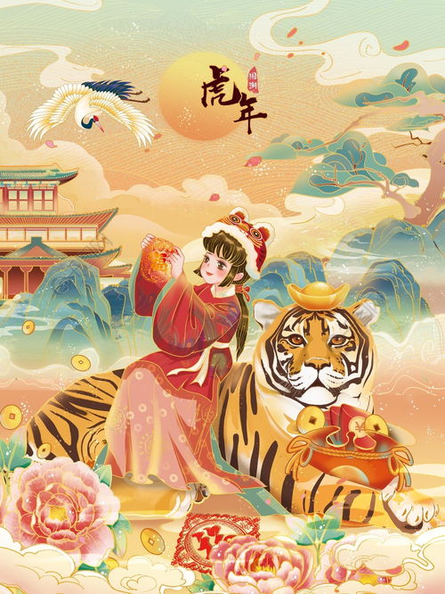 国潮新年虎年中国风老虎古风女孩贺岁插画免费下载插画图片3543像素千图