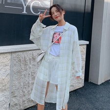 长袖衬衫防晒衣中长款开衫bf风格子衬衣女2019新款