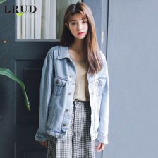lrud2017秋季新款韩版宽松bf风破洞牛仔外套女翻领单排扣牛仔上衣