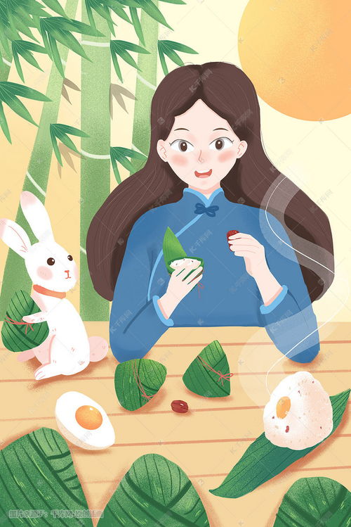 端午节包粽子少女竹子兔子卡通小清新插画图片千库网