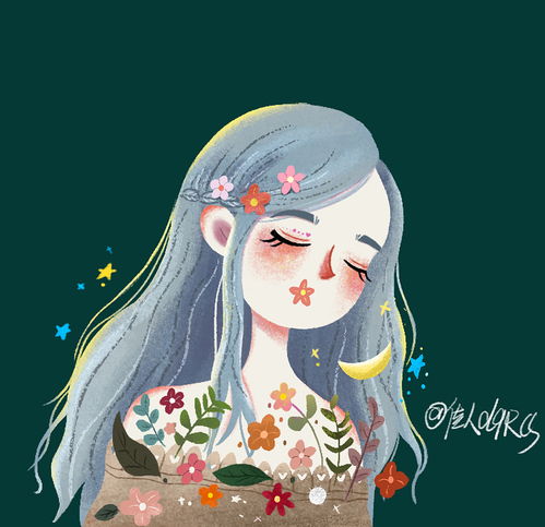插画花和少女头像