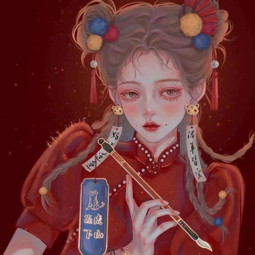 绝美手绘国潮风动漫女头新年红色头像