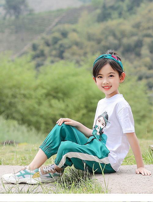 儿童运动套装2019夏季新款女童中大童美女头像拼条休闲两件套pwy