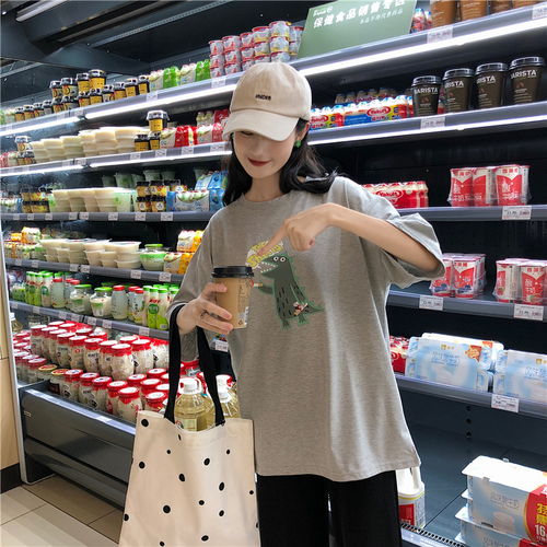 韩版新款宽松bf港风慵懒风少女上衣简约ulzzang学生ins潮短袖amm福卡商城