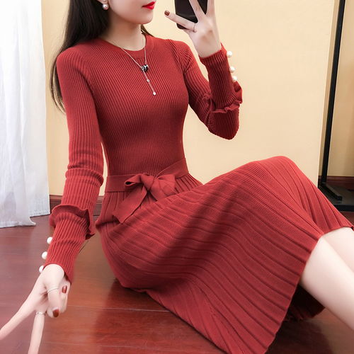 秋冬韩版女装长款针织衫连衣裙长袖圆领毛衣打底裙过膝收腰百褶裙