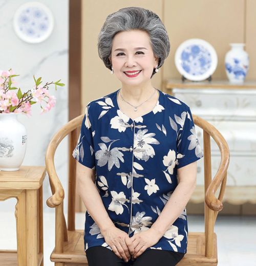 洋湖轩榭奶奶装夏装套装中老年人女装绵绸短袖上衣6070岁80妈妈老人衣服