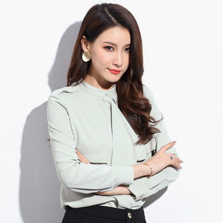施悦名2019秋季新款时尚气质韩版雪纺衫立领寸衫职业长袖女式衬衫a