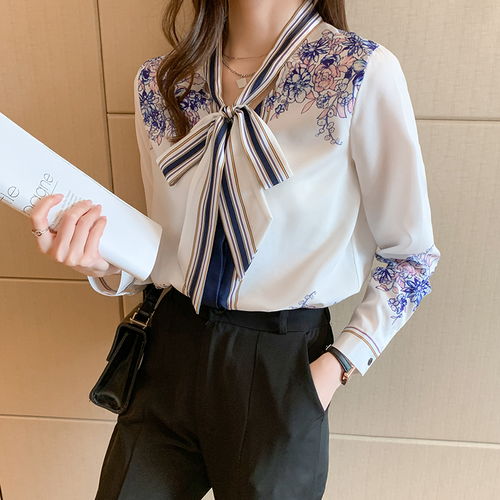 2021新款春季花卉飘带长袖衬衫上衣女个性小众韩版时尚雪纺衫