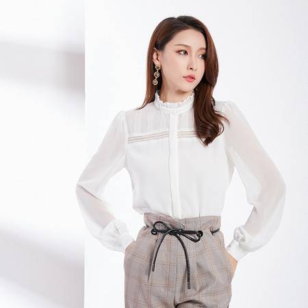 汤河店2019新款时尚气质白色衬衫女长袖木耳边圆领宽松百搭韩版雪纺