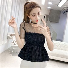 实拍现货2019夏新品甜美网纱拼接波点超仙气短袖雪纺衫上衣女