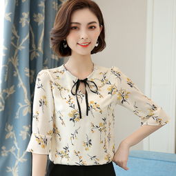 图荣短袖雪纺衫女夏季韩版时尚气质系带植物印花上衣女装一件代发