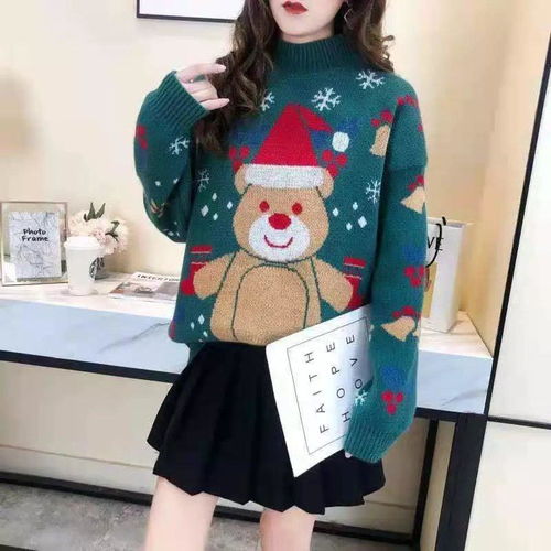 圣诞喜庆红色小熊毛衣女秋冬慵懒高领针织打底衫宽松百搭外穿上衣