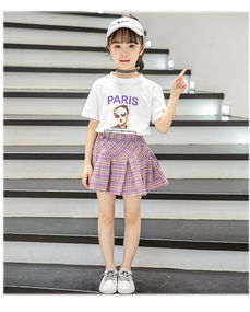 2019夏季新款韩版女童中大童甜美头像印花t格子裙两件套