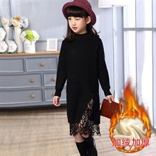 蕾丝拼接开叉毛衣针织衫女童气质优雅纯色长袖中长款2018冬季加绒