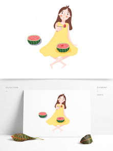 清凉夏季吃西瓜的女生彩绘插画设计图片素材psb格式下载其他大全