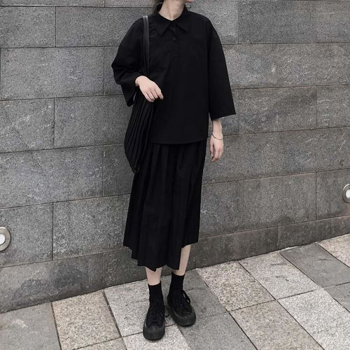 两件套装女韩版暗黑系少女七分袖衬衫上衣高腰百褶半身裙套装潮