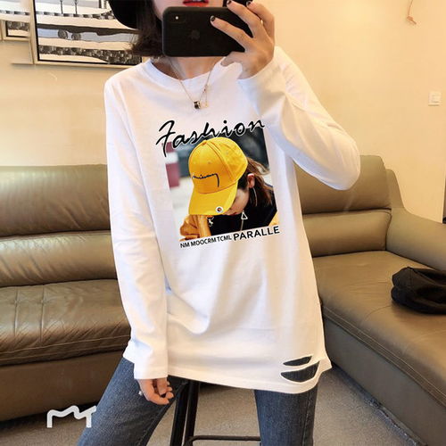 大码女装t恤女2020新加绒女学生韩版宽松长袖t恤破洞中长打底衫秋