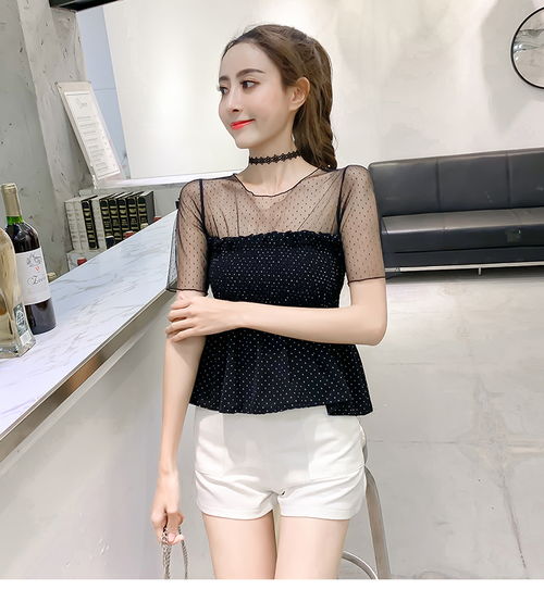 实拍现货2019夏新品甜美网纱拼接波点超仙气短袖雪纺衫上衣女